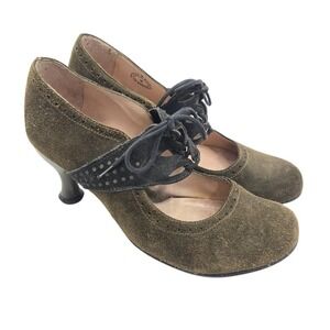 JOHN FLUEVOG Shoes Size 9 Bellevues Mollie Johnson Green Suede Black Pump‎ Heel